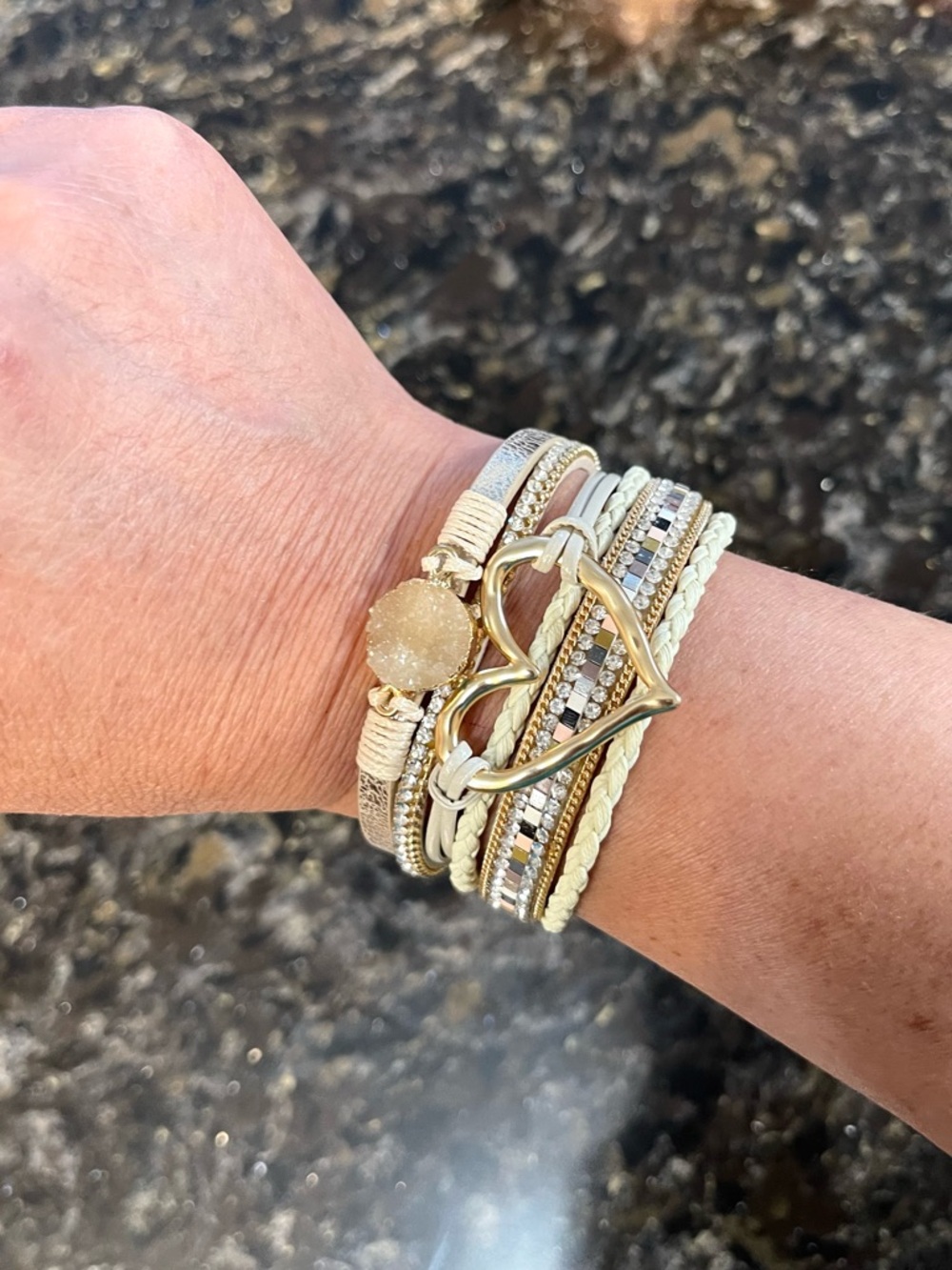 Gold Heart Multi-Strand Cream Bracelet